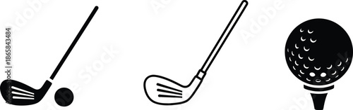 Set of three black and white icons related to the sport of golf.   A golf club head to strike ball and Black and white golf ball graphic. 

