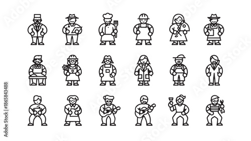 Vector illustrations of people in various occupations and actions in simple line art style with black lines on white background for graphic design