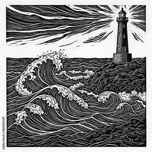 Dramatic black and white woodcut style rendering depicts a tall beacon illuminating raging ocean waves crashing against a rocky shore.