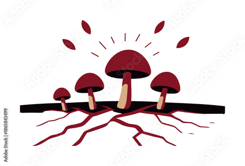 Sprouting Mushrooms Morning. Tiny sprouting mushrooms. Small caps emerging through soil cracks; uplifting morning energy. Floating seed shapes drifting upward.