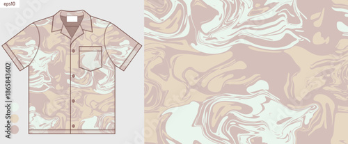 Hawaii Aloha mockup shirt with brown marble abstract pattern, beige camouflage background, fluid ink design, handdrawn ethnic textile art for fashion fabric printing, not AI generated.