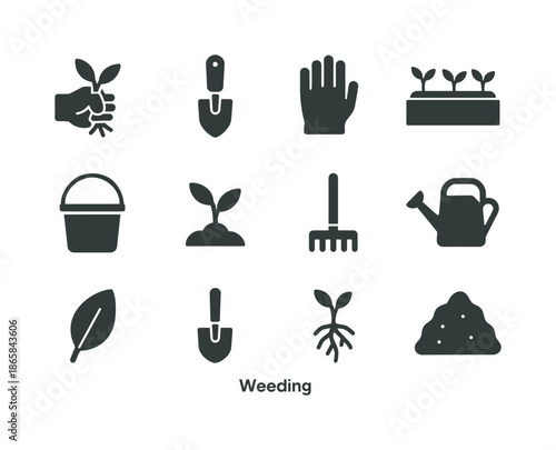 Weeding Icon Set. Weeding. Solid icon set of weeding: hand pulling weed, trowel, glove, garden bed, bucket, sprout, rake, watering can, leaf, shovel, plant