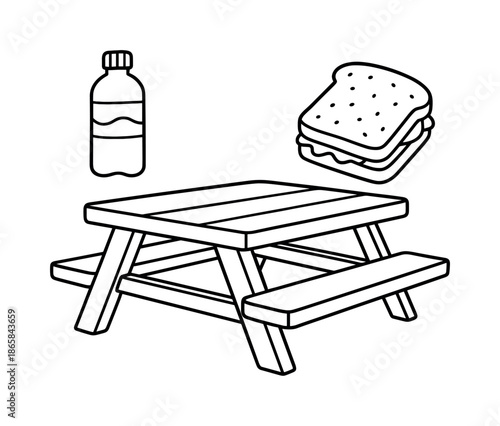 Picnic Bench Coloring. Simple bench setup children?s coloring book illustration, outlined drawing, a picnic bench with water bottle and sandwich icons to show