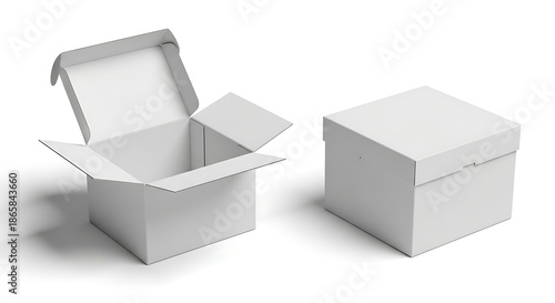 White cardboard packaging boxes, isolated, showing one open mailer box and one closed shipping carton template for e-commerce retail product mockups.