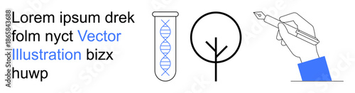 Scientific research, environmental sustainability, creativity, biology, eco-consciousness, innovation. DNA helix in a test tube, minimalist tree and hand writing with a pen. Scientific research