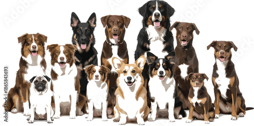 Large group of diverse domestic dog breeds sitting together for pet community animal friendship and professional veterinary care concept.