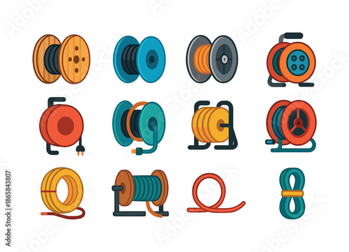 Colorful Cable Reel Icons. Cable reel. Colorful flat vector icons set of cable reel: wooden cable reel, plastic cable spool, metal wire reel, extension cord