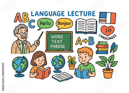 Colorful Language Classroom. Language lecture. Colorful Hand-drawn doodle Children illustration Language lecture professor pointing to alphabet, speech
