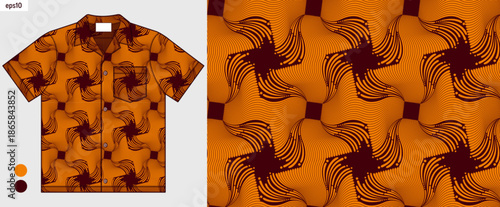 Hawaii Aloha shirt mockup abstract brown curved line art, flowing background, hand drawn ethnic textile art for summer fashion fabric printing
