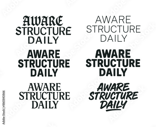 Diverse Lettering Styles Grid. Aware structure daily. Set lettering. harmonious lettering variations of the same emblematic concept, each with different