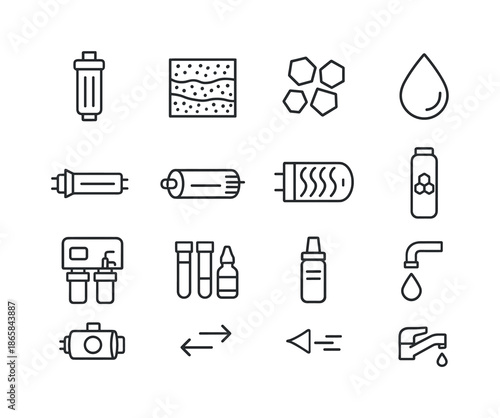 Water Purification Icons. Water purification. Line icon set of Water purification: filter cartridge, sediment layer, activated carbon, UV lamp, membrane