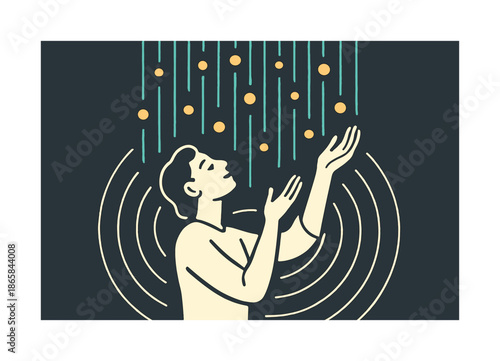 Embrace the Light. Shower of grace. Light particles rain in gentle streams; a figure lifts arms to receive the calm glow. Circling patterns echo serenity.