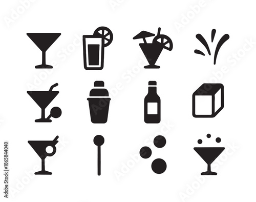 Party Cocktail Icons. Party cocktails. Solid icon set of party cocktails: martini glass, tall drink, citrus garnish, umbrella, straw, shaker, bottle, ice cube,