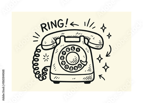 Retro Phone Drawing. Vintage rotary phone. Hand-drawn doodle illustration Vintage rotary phone rotary dial, phone body, coiled cable, handset, number icons,