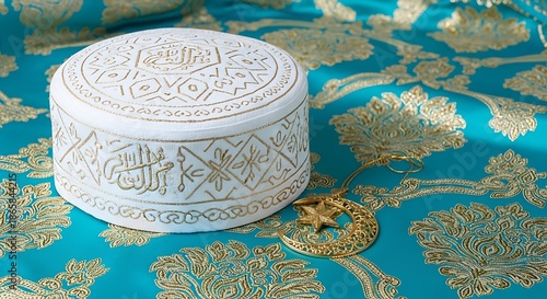 Ornate white religious cap rests beside a golden crescent and star pendant on richly patterned fabric