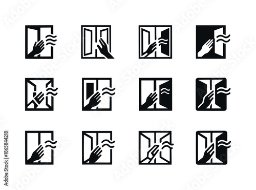 Window Emblem Designs. Opening the windows for fresh air. Icon set. Set Logo of opening the windows for fresh air: hand pushing window open. harmonious logo