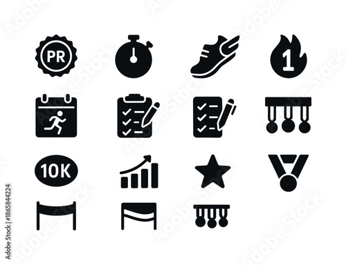 Running Goals Icons. Running goals. Solid icon set of Running goals: PR badge, time goal, pace icon, race calendar, training plan, streak icon, milestone