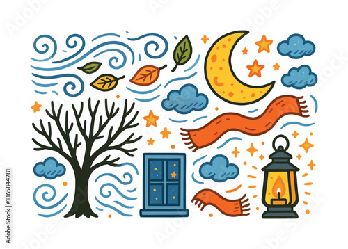Colorful Night Scenery. Night breeze. Colorful Hand-drawn doodle Children illustration Night breeze wind swirls, moon, stars, fluttering leaves, tree