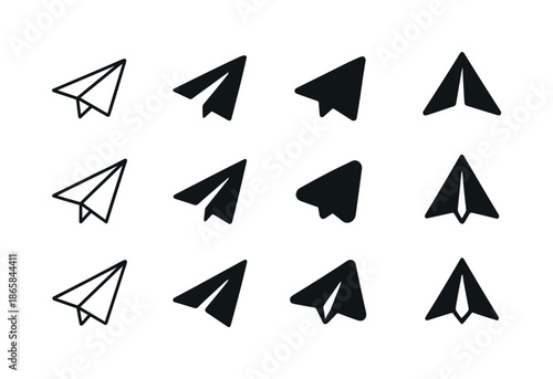 Airplane Logo Variations. Airplane. Icon set. Set Logo of airplane: paper plane. harmonious logo variations of the same emblematic concept, each with different