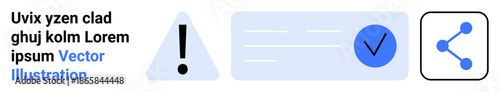 Notifications, alerts, approval, sharing, communication, data management. Icons include a warning symbol, verification checkmark and sharing diagram. Notifications and approval system concept