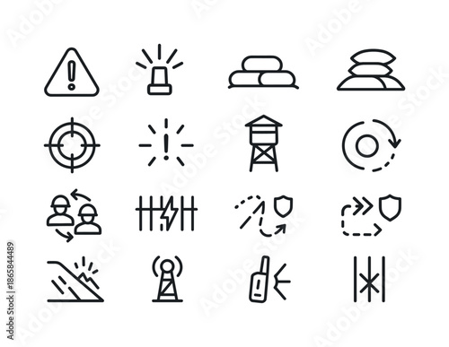 Enemy Camp Icons. enemy camp under attack. Line icon set of enemy camp under attack: hazard zone, alarm flare, defensive mound, movement hotspot, alert lines,