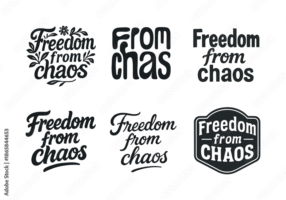 Fototapeta premium Harmonious Emblem Variations. Freedom from chaos. Set lettering. harmonious lettering variations of the same emblematic concept, each with different artistic