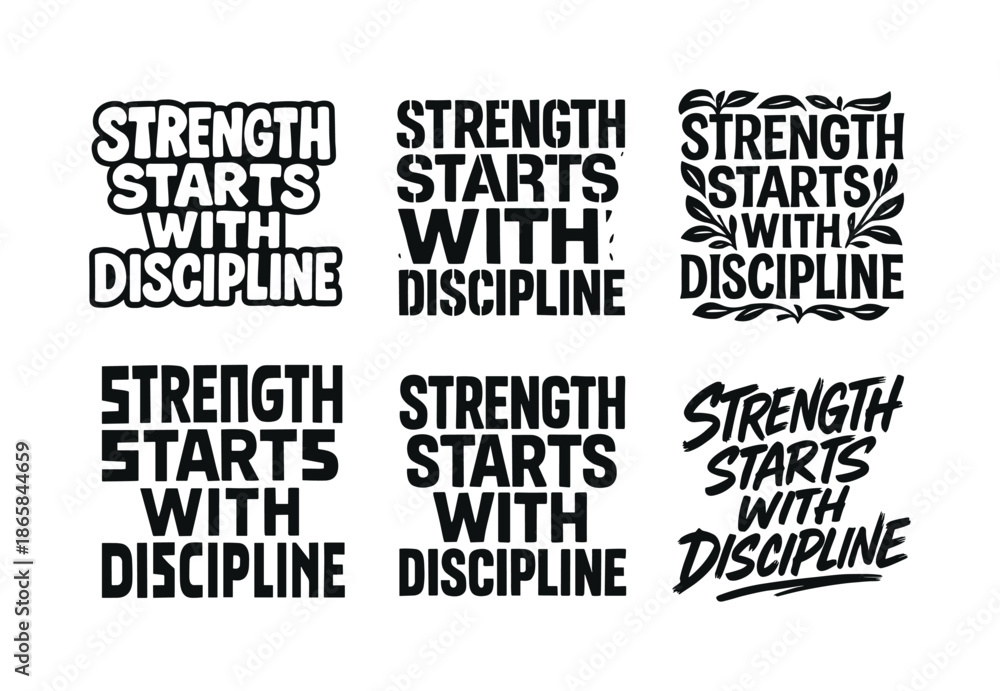 Obraz premium Creative Lettering Grid. Strength starts with discipline. Set lettering. harmonious lettering variations of the same emblematic concept (Funky cartoon-style