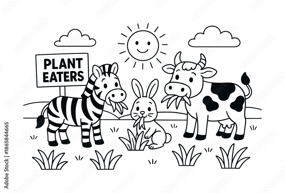 Fototapeta premium Grassland Herbivores Coloring. Herbivores in the grassland ecosystem children?s coloring book illustration, outlined drawing, cheerful zebra, rabbit, and cow
