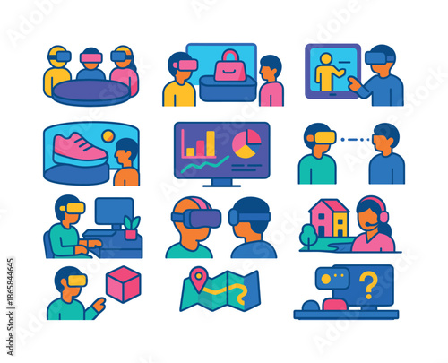 Virtual Reality Icons. Virtual reality services for business. Colorful flat vector icons set of virtual reality services for business: VR meeting room, virtual