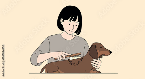 Woman Brushing Dachshund