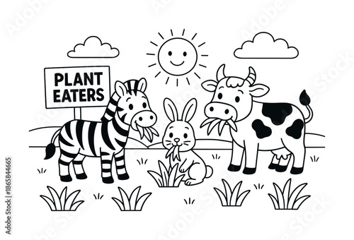 Grassland Herbivores Coloring. Herbivores in the grassland ecosystem children?s coloring book illustration, outlined drawing, cheerful zebra, rabbit, and cow