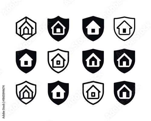 Evacuation Center Icons. Evacuation center. Icon set. Set Logo of evacuation center: protected zone shield. harmonious logo variations of the same emblematic