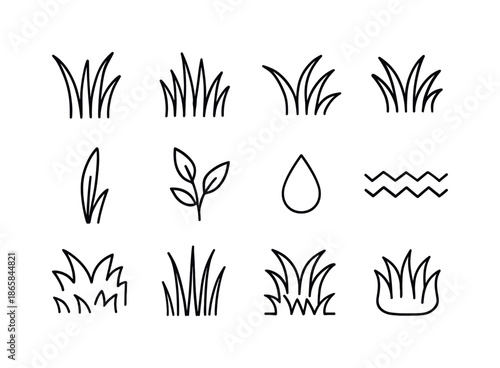 Grass Texture Icons. Grass textures. Line icon set of grass textures: long blades, short blades, curved grass, clumped grass, single stalk, leaf sprig, dew