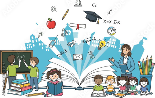 Diverse young students engaged in learning activities surrounding an open book with educational symbols against a cityscape backdrop