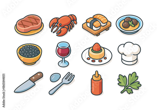 Gourmet Icon Set. Gourmet cuisine. Colorful isometric vector icons set of gourmet cuisine: steak, lobster, sushi, truffle dish, caviar bowl, wine glass,