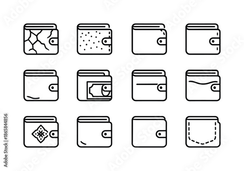 Leather Wallet Icon Set. old leather wallet. Line icon set of old leather wallet: cracked leather, faded texture, frayed corner, loose stitching, worn crease,