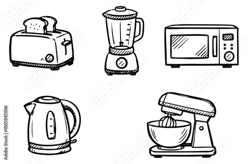 Hand drawn line art kitchen appliance set featuring a toaster, blender, microwave, kettle, and stand mixer for cooking and home use
