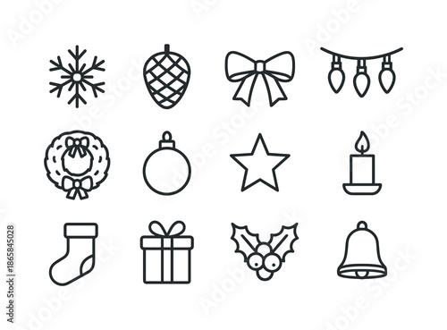 Winter Icon Collection. Winter decorations. Line icon set of Winter decorations: snowflake, pinecone, ribbon bow, string lights, wreath, ornament ball, star