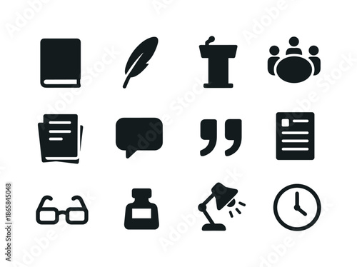 Literary Meeting Icons. Literary meeting. Solid icon set of Literary meeting: hardcover book, feather pen, lectern, roundtable icon, shared notes, discussion