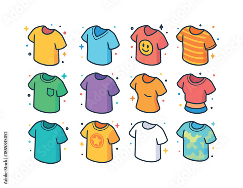 Colorful T-shirt Icons. Casual T-shirts. Colorful isometric vector icons set of casual T-shirts: crew neck tee, V-neck tee, graphic tee, striped tee, pocket