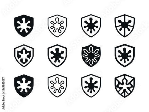 Paintball Logo Collection. Paintball. Icon set. Set Logo of paintball: shield emblem with paint splash. harmonious logo variations of the same emblematic