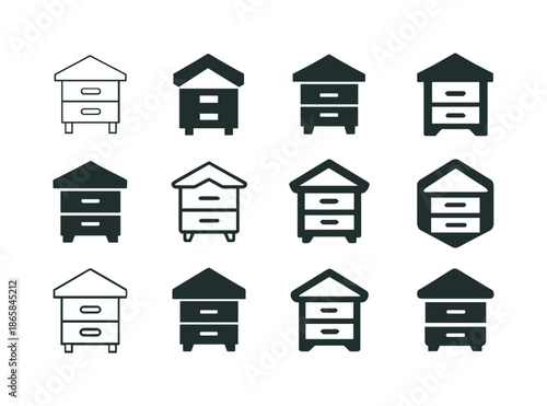Beekeeping Logo Variations. Beekeeping and Pollination. Icon set. Set Logo of Beekeeping and Pollination: beehive box. harmonious logo variations of the same