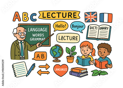 Colorful Language Classroom. Language lecture. Colorful Hand-drawn doodle Children illustration Language lecture professor pointing to alphabet, speech