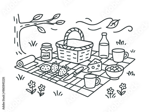 Picnic Doodle Delight. Picnic in the grass. Hand-drawn doodle illustration Picnic in the grass wicker basket, jam jar, cookies, strawberries, cheese knife,