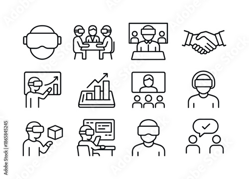 Virtual Reality Icons. Virtual reality services for business. Line icon set of Virtual reality services for business: VR headset, business meeting avatar,