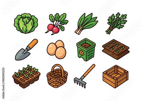 Spring Harvest Icons. Spring harvest. Colorful isometric vector icons set of spring harvest: fresh lettuce, radishes, wild garlic, herb bundle, garden trowel,