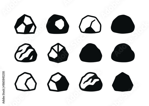 Rock Boulder Logo Variations. Mass. Icon set. Set Logo of mass: rock boulder. harmonious logo variations of the same emblematic concept, each with different