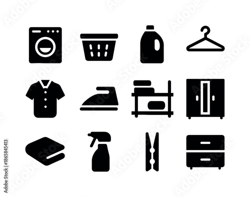 Laundry Room Icons. Laundry Room. Solid icon set of Laundry Room: washing machine, basket, detergent bottle, hanger, shirt, iron, shelf, open closet, towel,