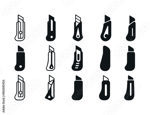 Sharp Tools Icon Set. Sharp tools. Icon set. Set Logo of sharp tools: utility knife. harmonious logo variations of the same emblematic concept, each with
