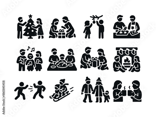 Wallpaper Mural Family Christmas Icons. Family Christmas activities. Solid icon set of family Christmas activities: decorating tree, wrapping gifts, hanging ornaments, baking Torontodigital.ca